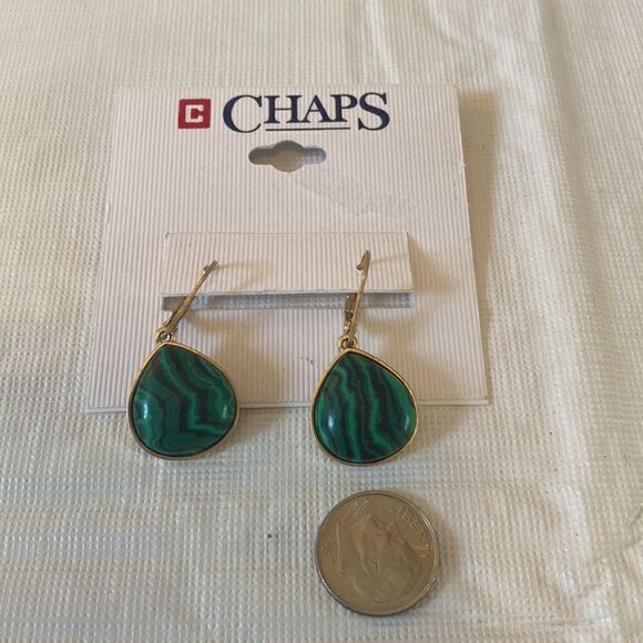 Chaps Marbled Malachite & Gold Toned Teardrop Earrings. - Picture 6 of 6